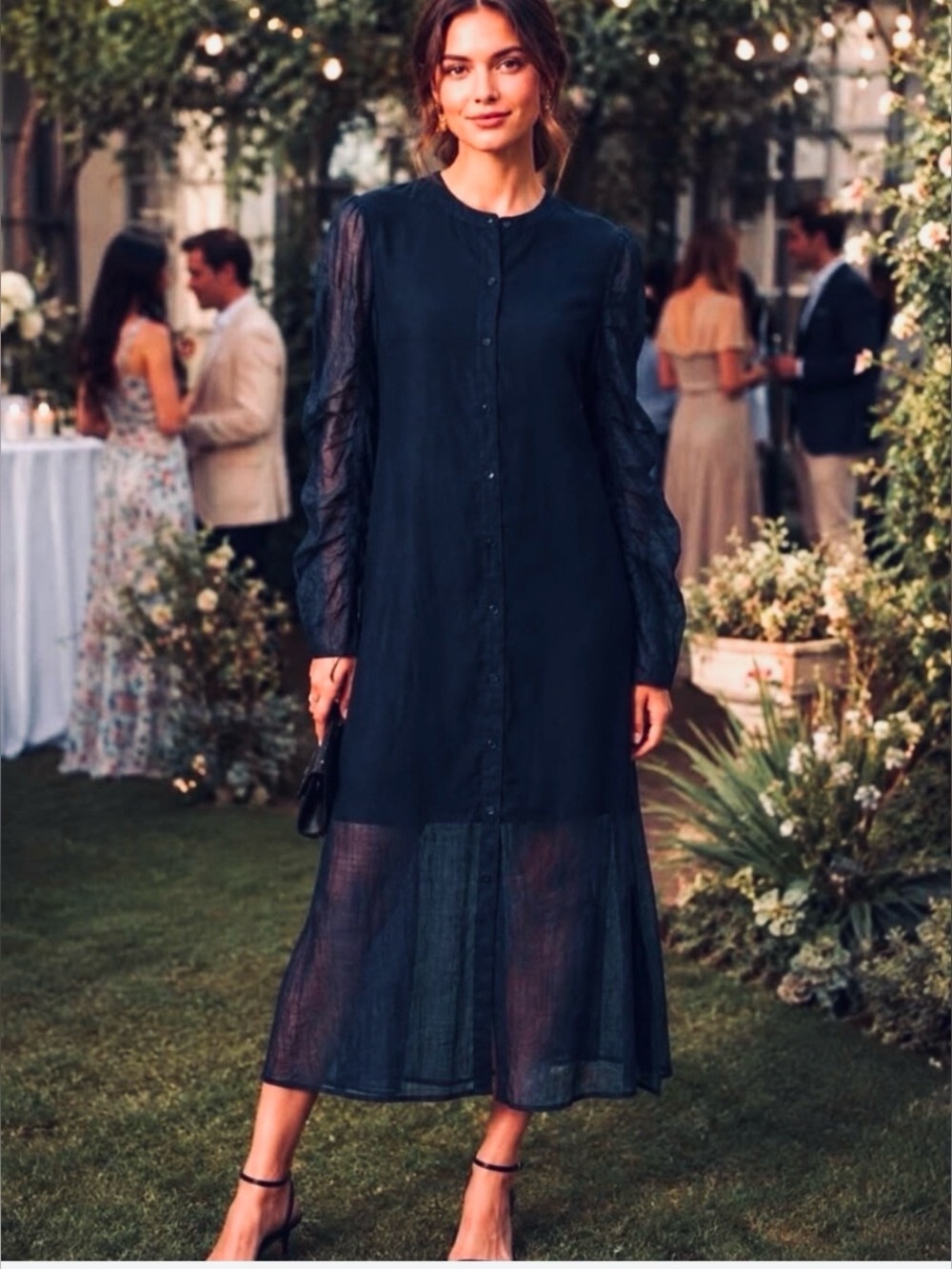 CHLOÉ Sheer Ramie Midi Shirt Dress Ruched Sleeves Ink Navy 8 MSRP $2250 NWT